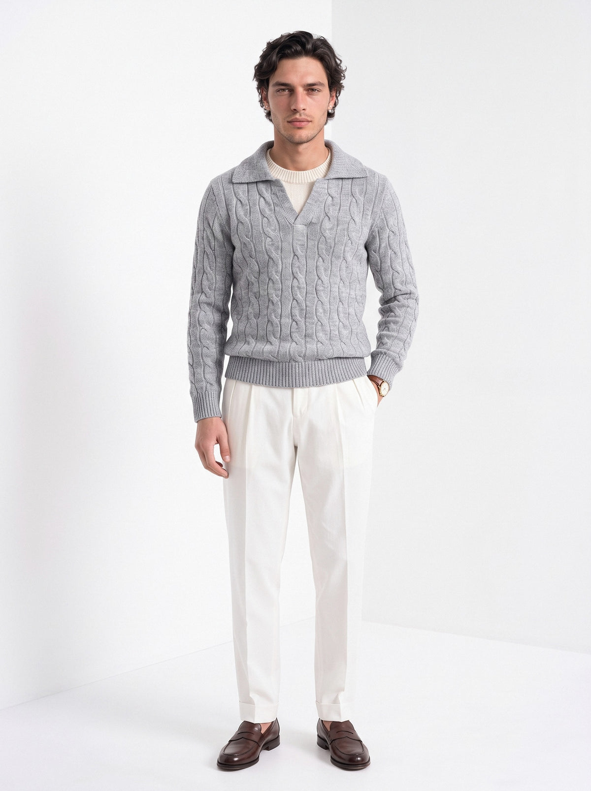 BLENIN men's layered collar cable sweater in light grey, full-length front view