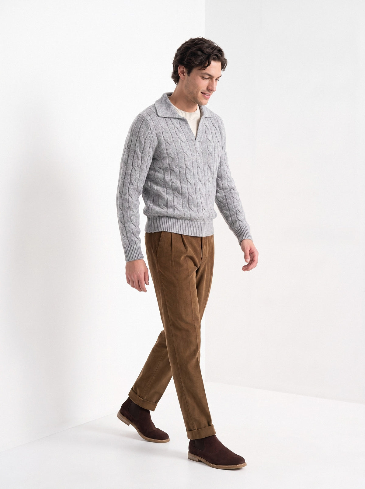 BLENIN men's layered collar cable sweater in light grey, full outfit, walking