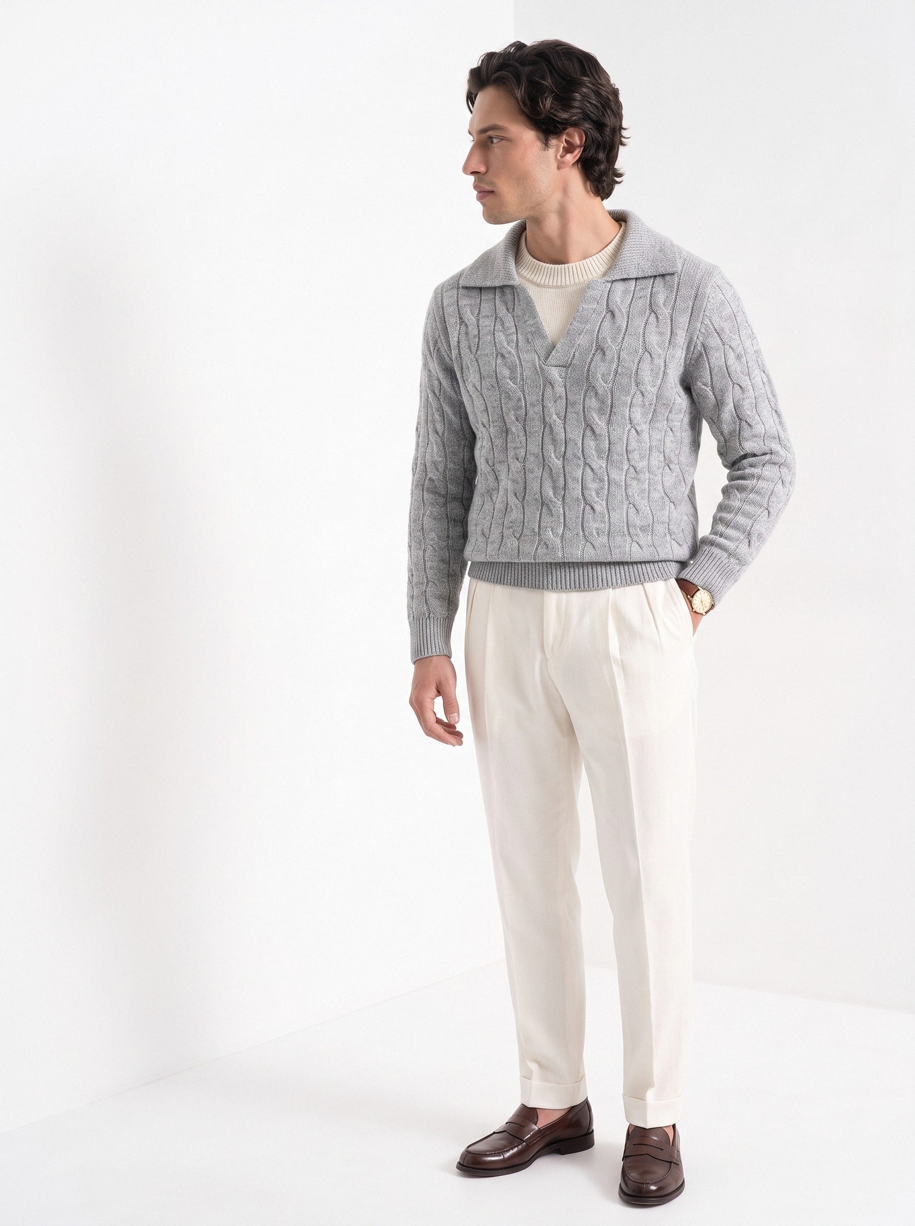 BLENIN men's layered collar cable sweater in light grey, three-quarter view