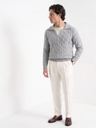 BLENIN men's layered collar cable sweater in light grey, three-quarter view