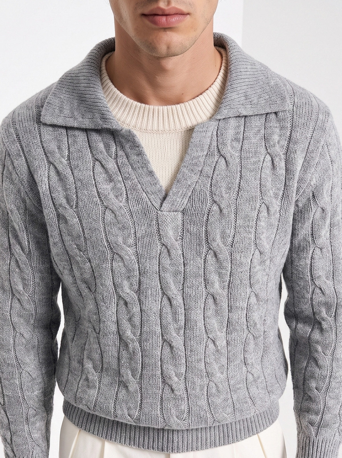 BLENIN men's layered collar cable sweater in light grey, close-up of the details