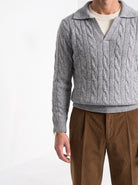 BLENIN men's layered collar cable sweater in light grey, fit detail