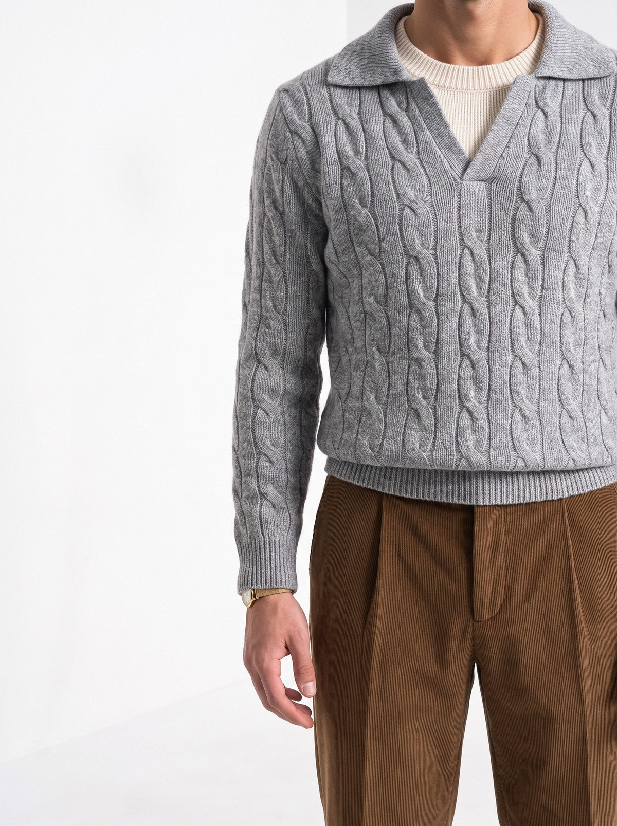 BLENIN men's layered collar cable sweater in light grey, fit detail