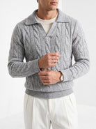 BLENIN men's layered collar cable sweater in light grey, styled detail