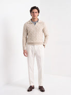 BLENIN men's layered collar cable sweater in beige, full-length front view