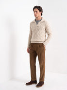 BLENIN men's layered collar cable sweater in beige, three-quarter view