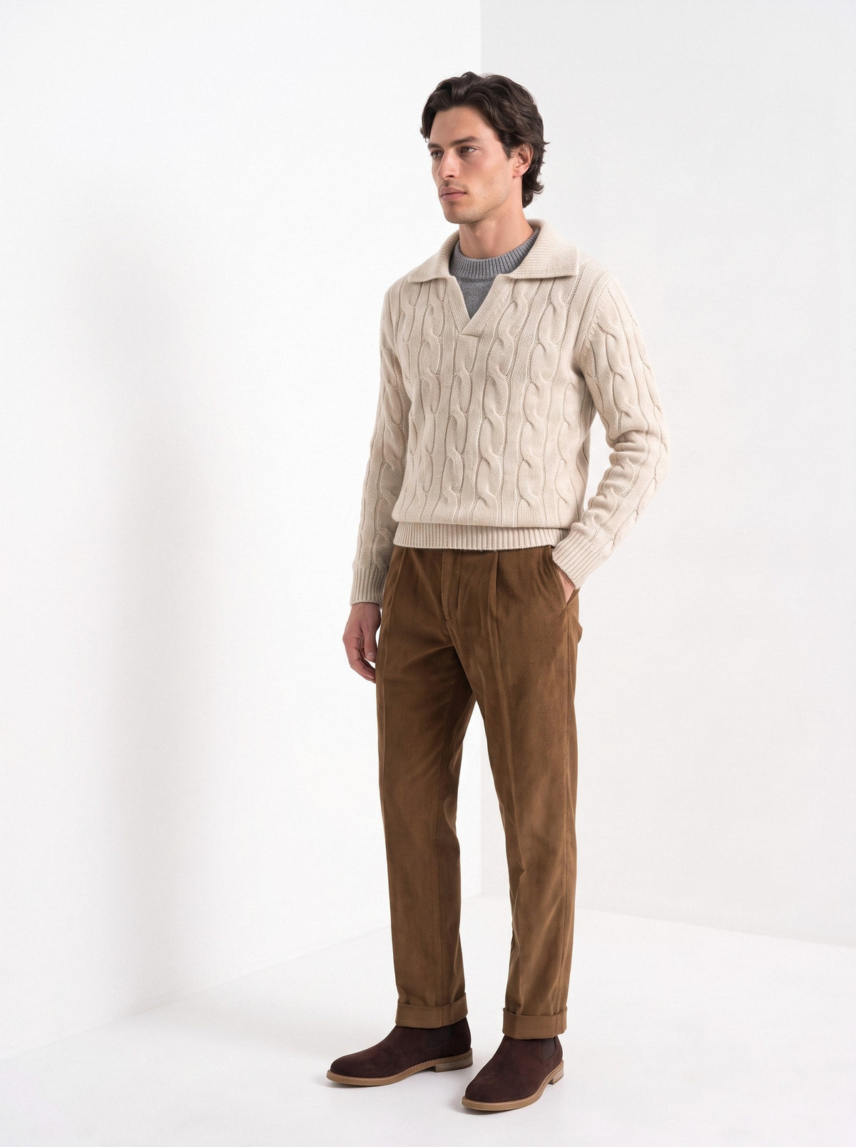 BLENIN men's layered collar cable sweater in beige, three-quarter view
