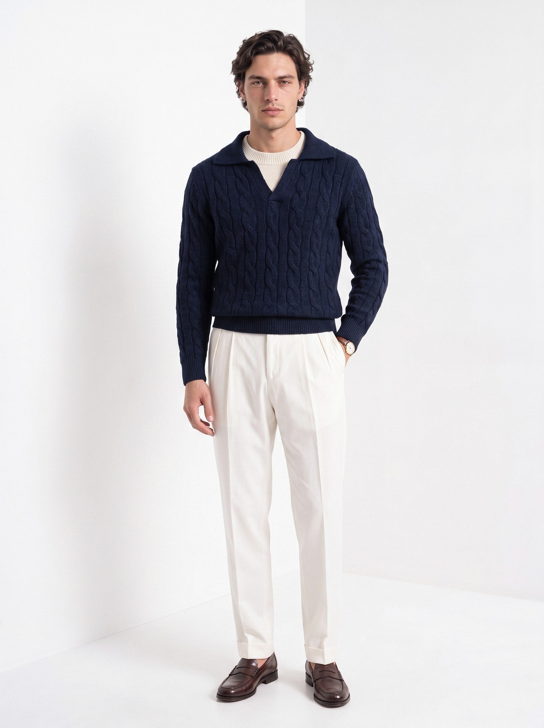 BLENIN men's layered collar cable sweater in navy, full-length front view