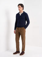 BLENIN men's layered collar cable sweater in navy, three-quarter view