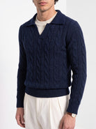 BLENIN men's layered collar cable sweater in navy, close-up of the details