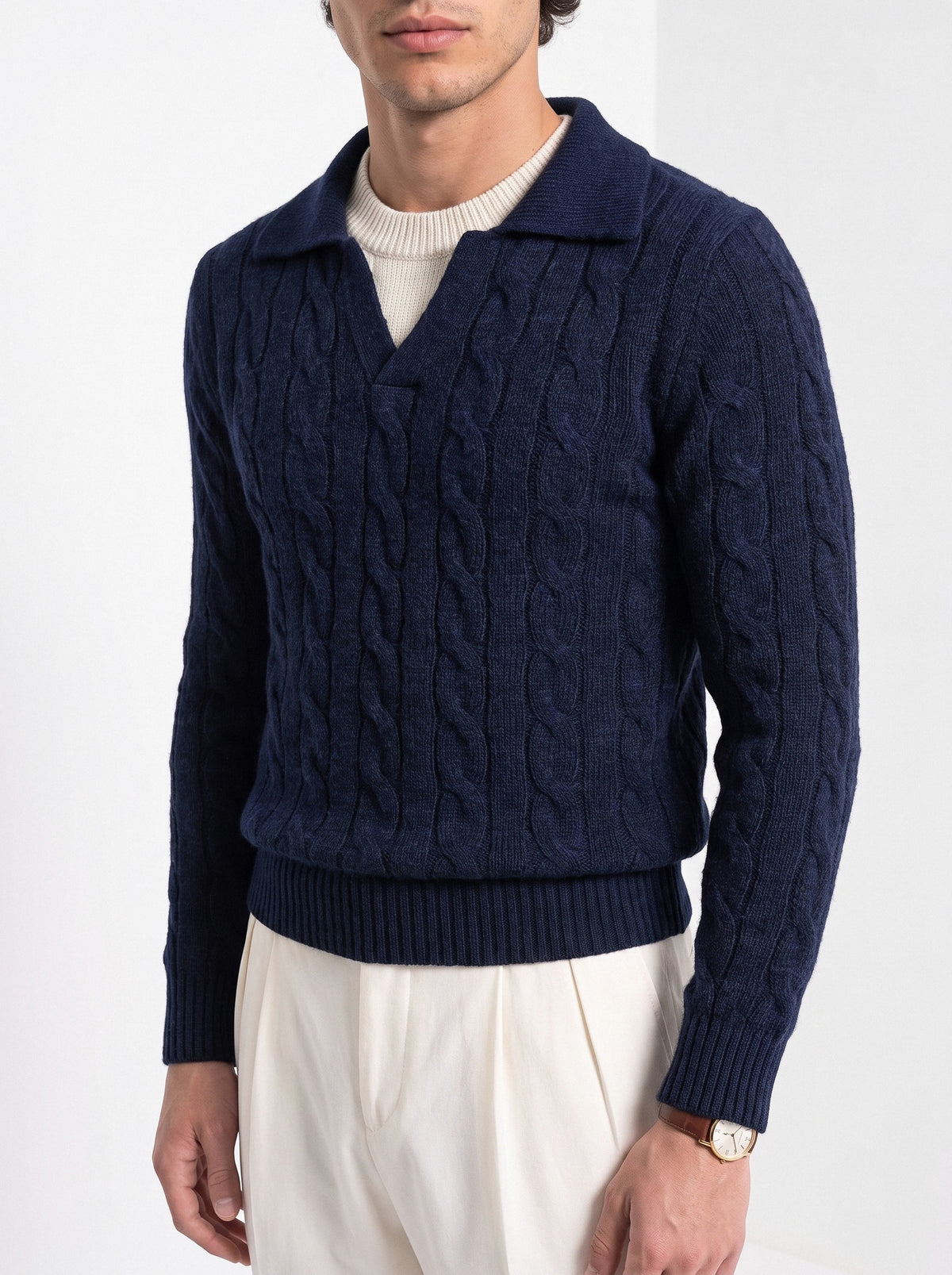 BLENIN men's layered collar cable sweater in navy, close-up of the details