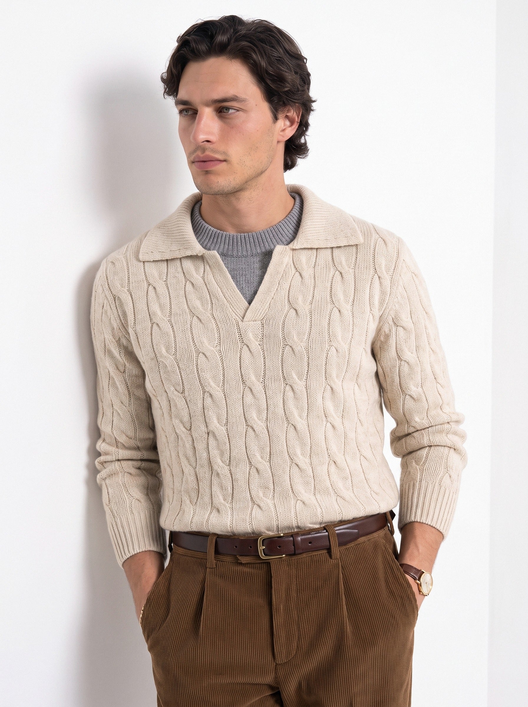 BLENIN men's layered collar cable sweater in beige, front portrait