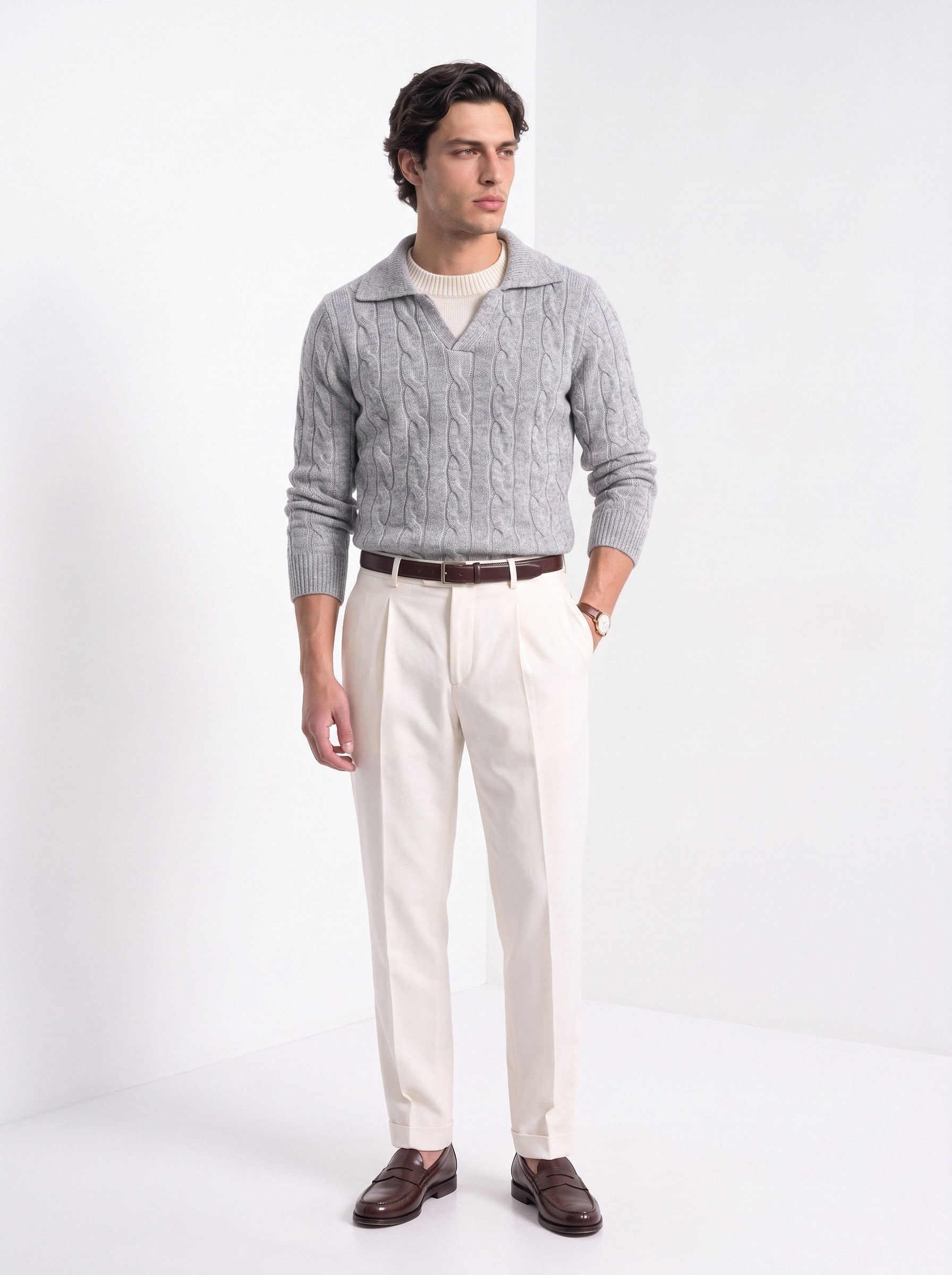BLENIN men's layered collar cable sweater in light grey, full-length look