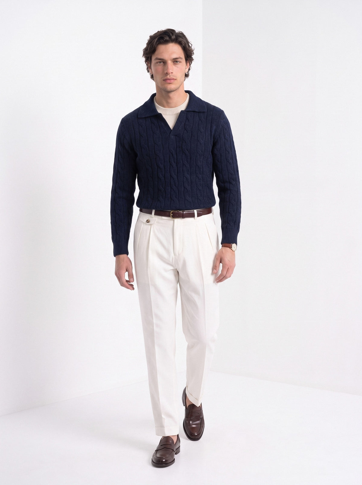 BLENIN men's layered collar cable sweater in navy, full-length look
