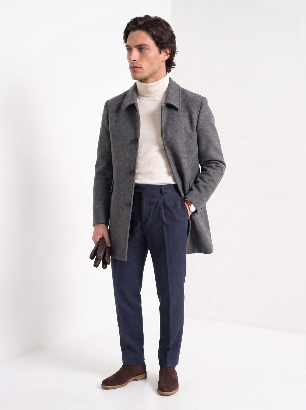BLENIN men's brushed car coat in dark grey, three-quarter view