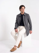 BLENIN men's brushed car coat in dark grey, seated, full outfit