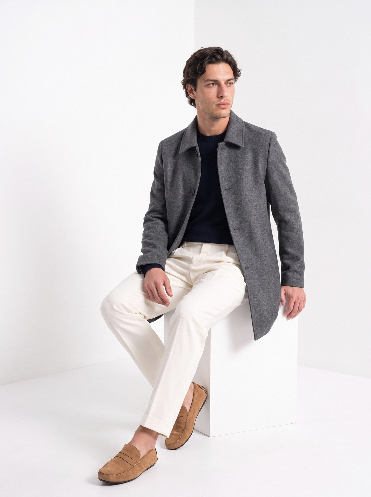 BLENIN men's brushed car coat in dark grey, seated, full outfit