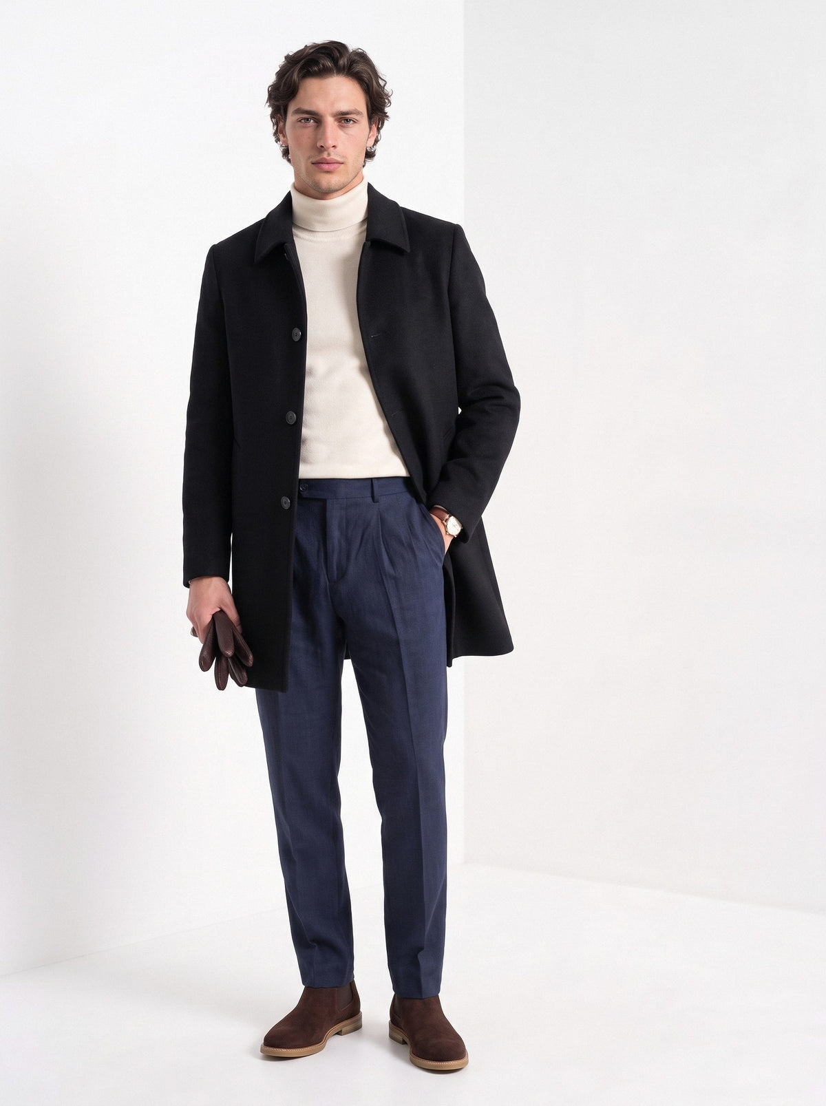 BLENIN men's brushed car coat in black, full-length look