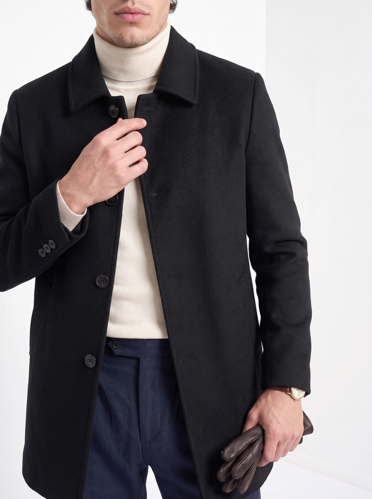 BLENIN men's brushed car coat in black, close-up of the details