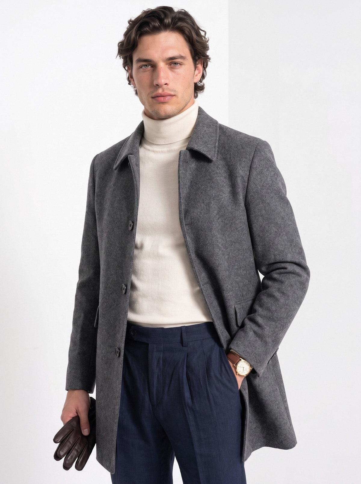BLENIN men's brushed car coat in dark grey, front portrait