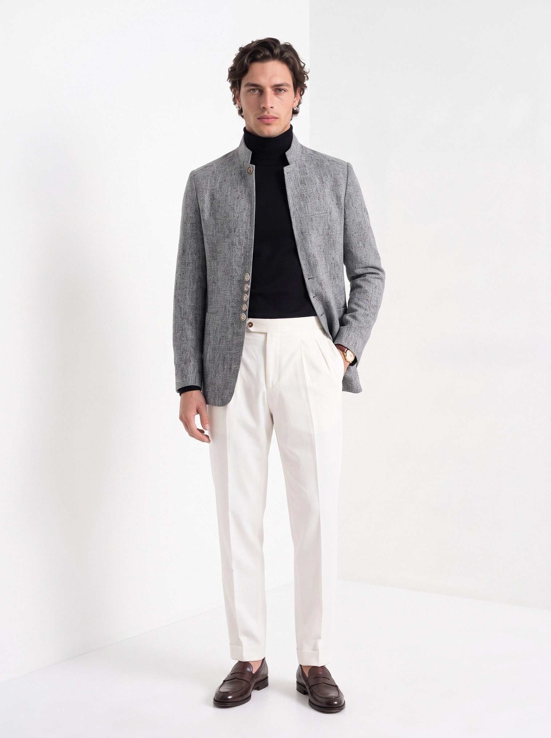 BLENIN men's stand collar tweed-look jacket in grey, full-length look