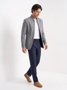 BLENIN men's stand collar tweed-look jacket in grey, full outfit, walking