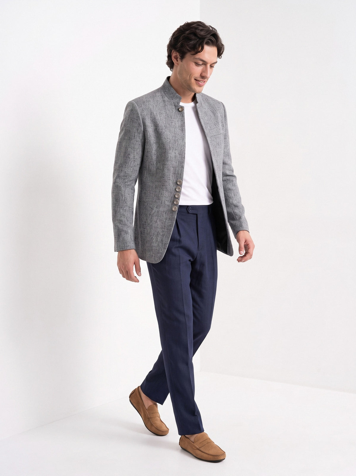 BLENIN men's stand collar tweed-look jacket in grey, full outfit, walking