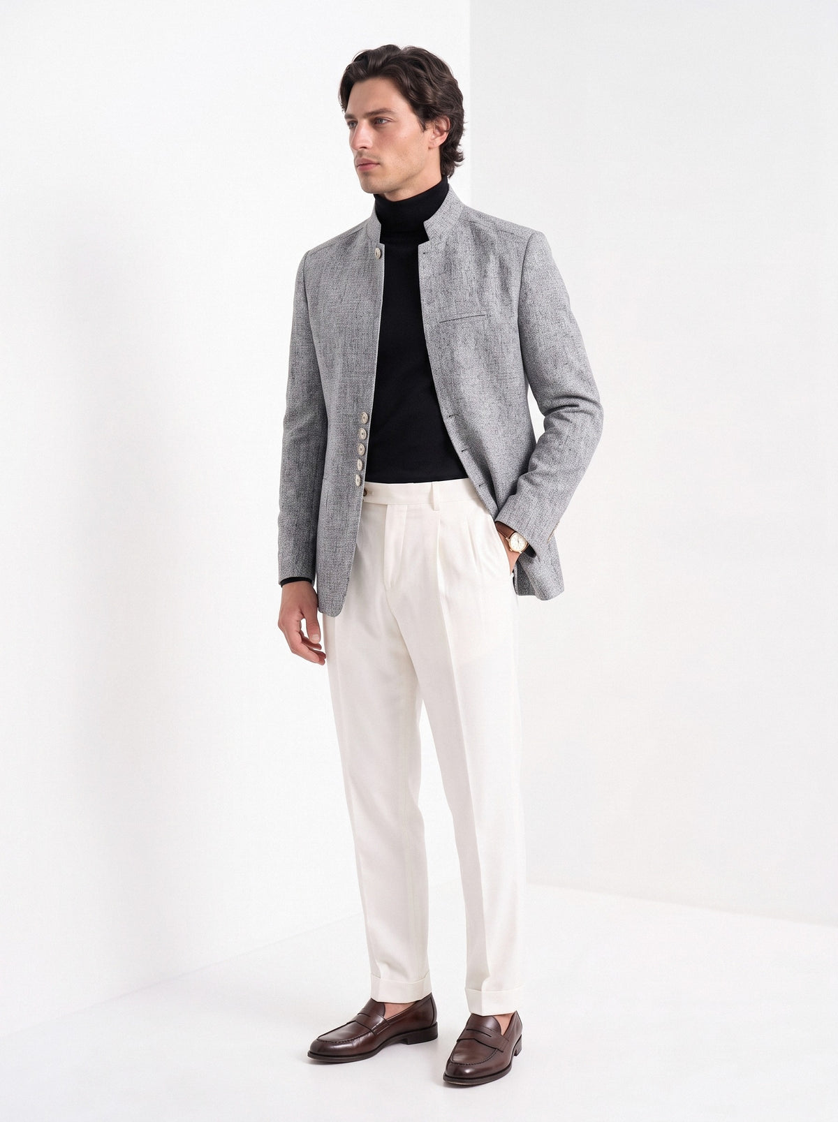 BLENIN men's stand collar tweed-look jacket in grey, three-quarter view