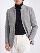 BLENIN men's stand collar tweed-look jacket in grey, close-up of the details