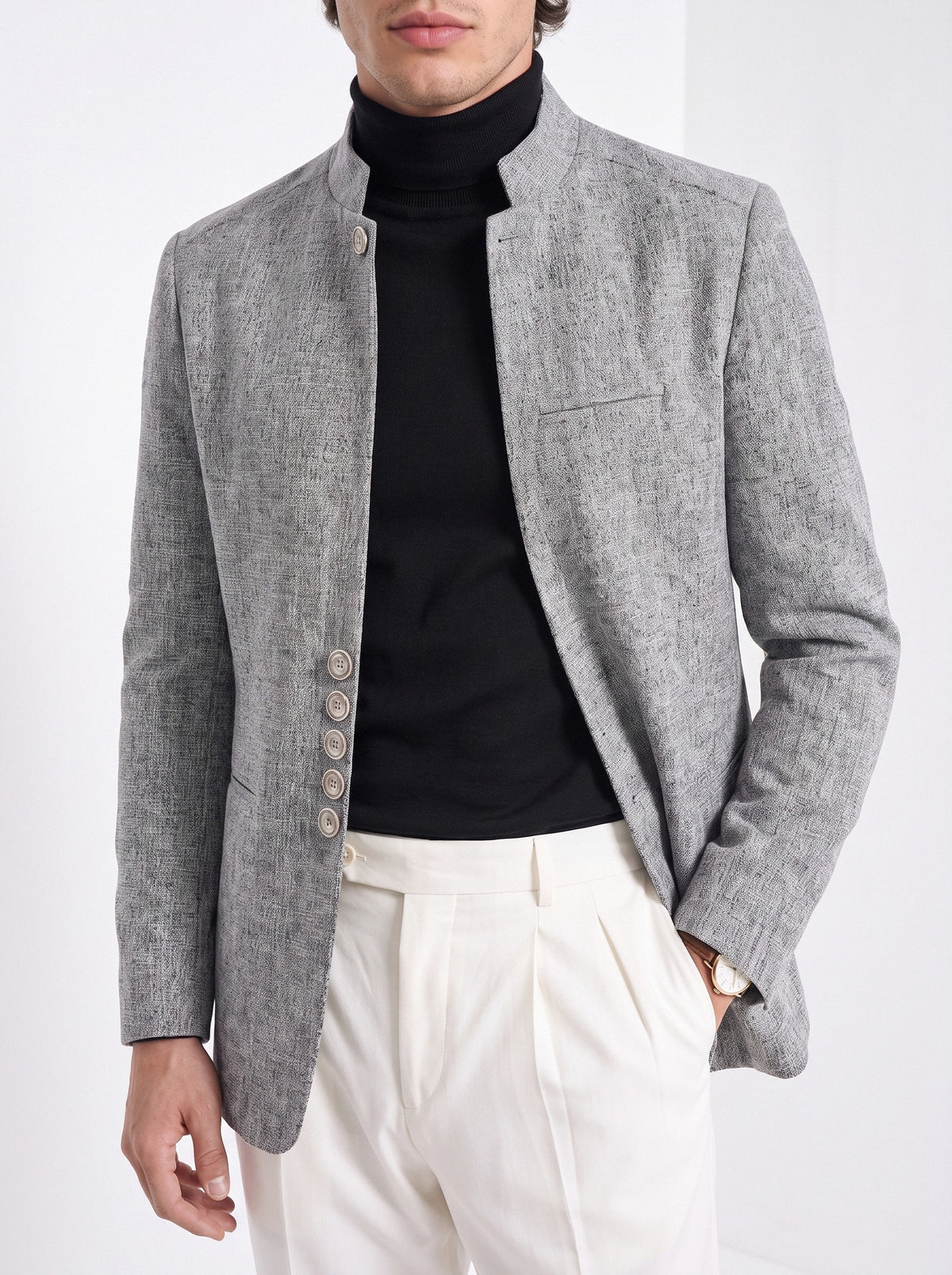 BLENIN men's stand collar tweed-look jacket in grey, close-up of the details