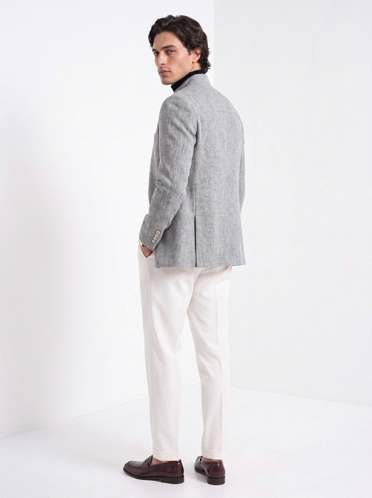 BLENIN men's stand collar tweed-look jacket in grey, back view