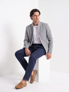 BLENIN men's stand collar tweed-look jacket in grey, seated, full outfit