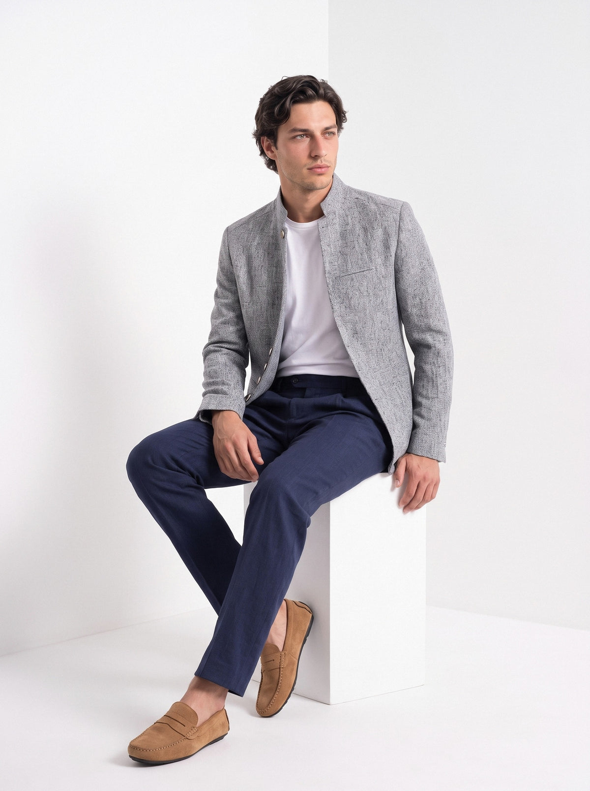 BLENIN men's stand collar tweed-look jacket in grey, seated, full outfit