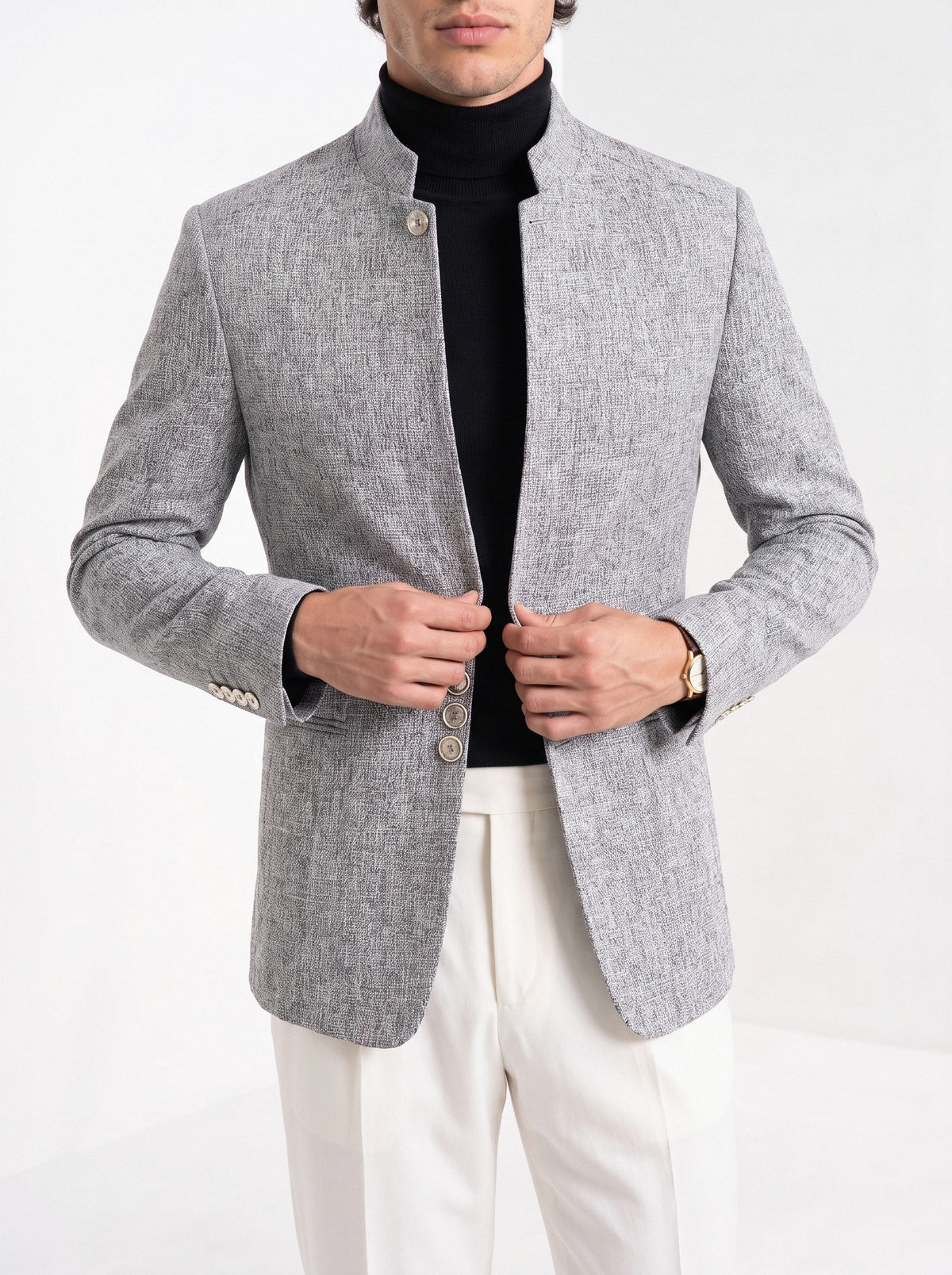 BLENIN men's stand collar tweed-look jacket in grey, styled detail