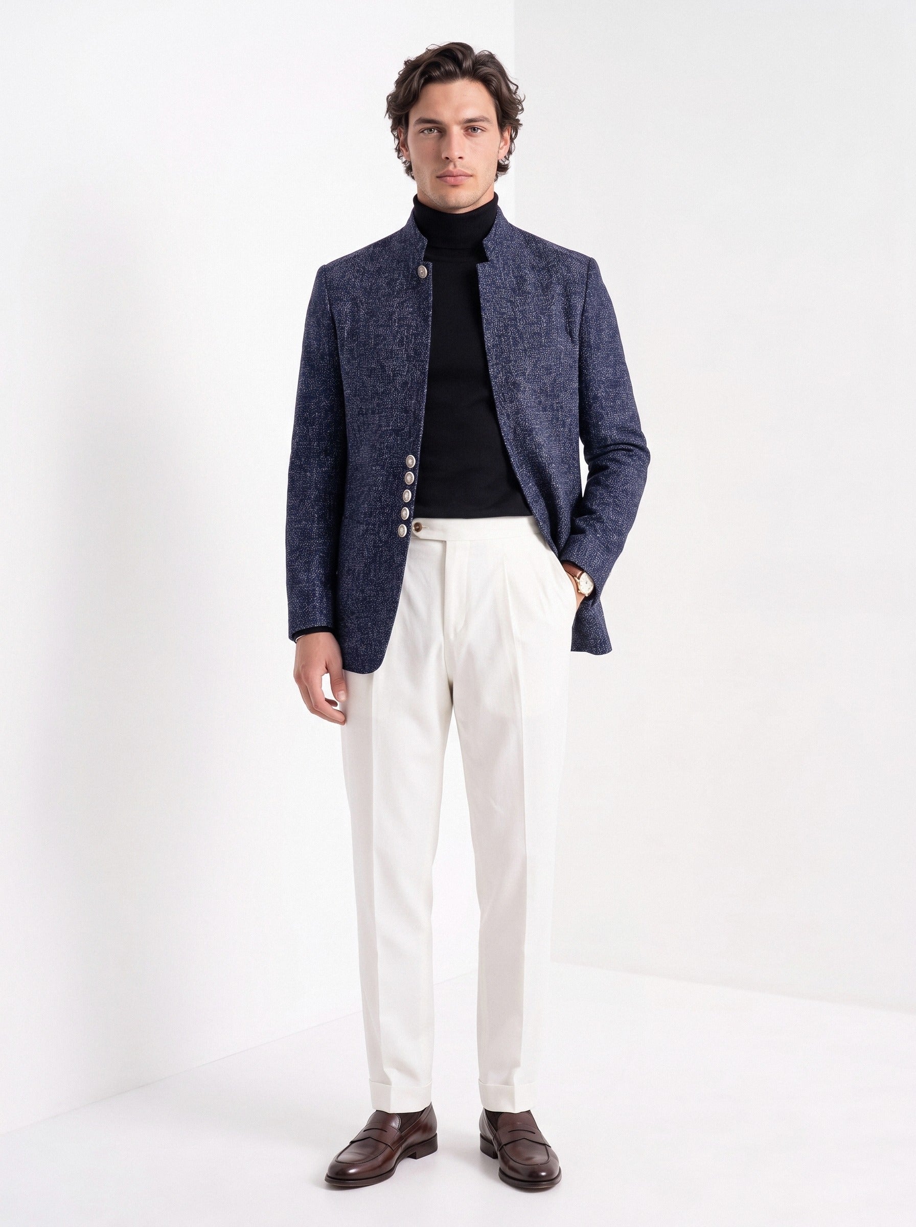 BLENIN men's stand collar tweed-look jacket in navy, full-length look