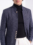 BLENIN men's stand collar tweed-look jacket in navy, close-up of the details