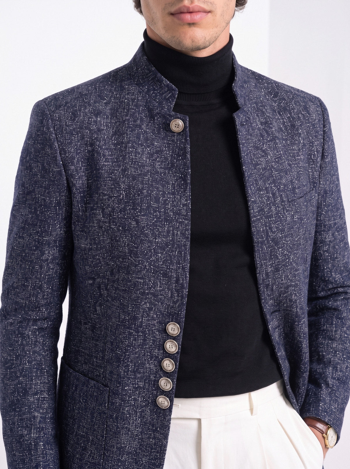BLENIN men's stand collar tweed-look jacket in navy, close-up of the details