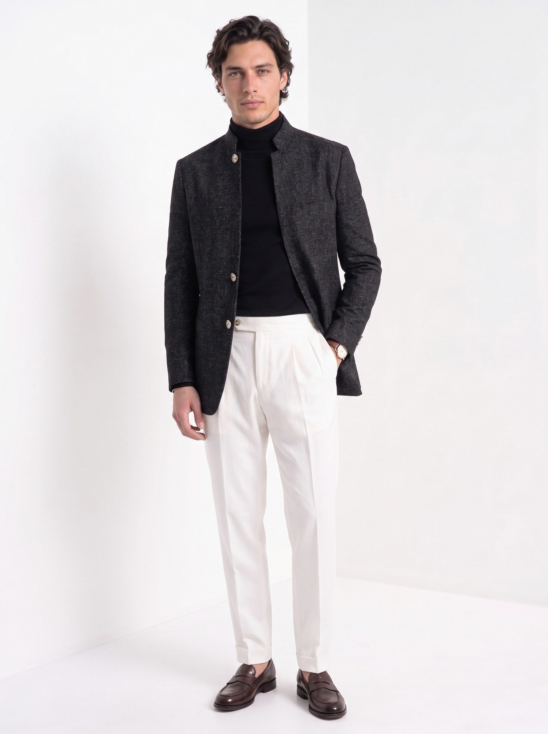 BLENIN men's stand collar tweed-look jacket in black, full-length look