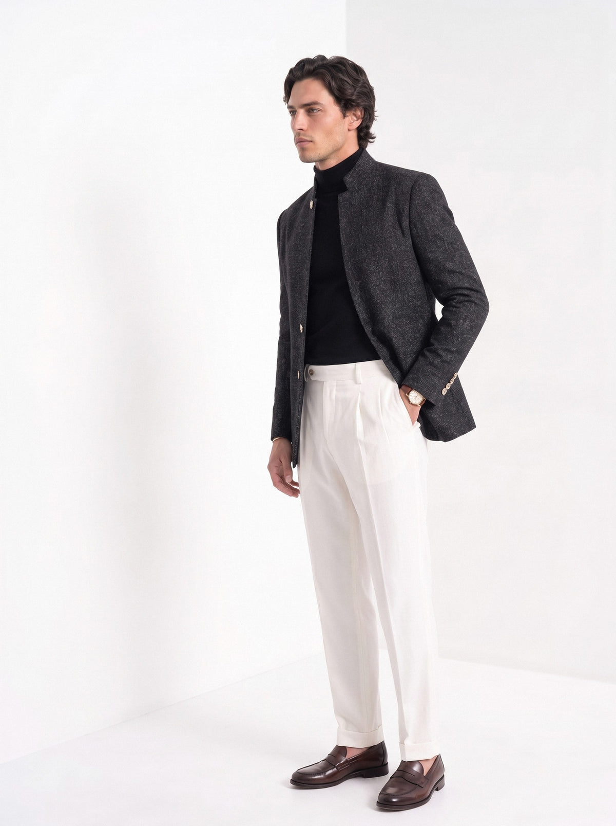 BLENIN men's stand collar tweed-look jacket in black, three-quarter view