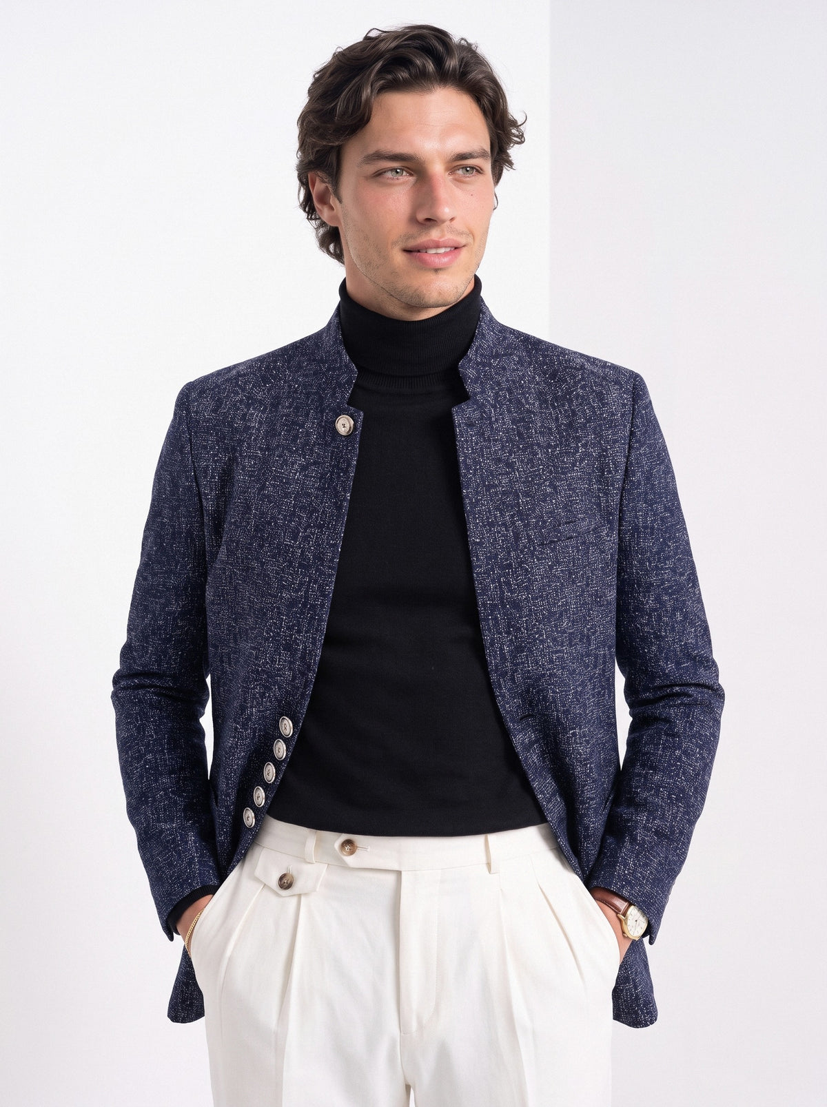 BLENIN men's stand collar tweed-look jacket in navy, front portrait