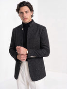 BLENIN men's stand collar tweed-look jacket in black, front portrait