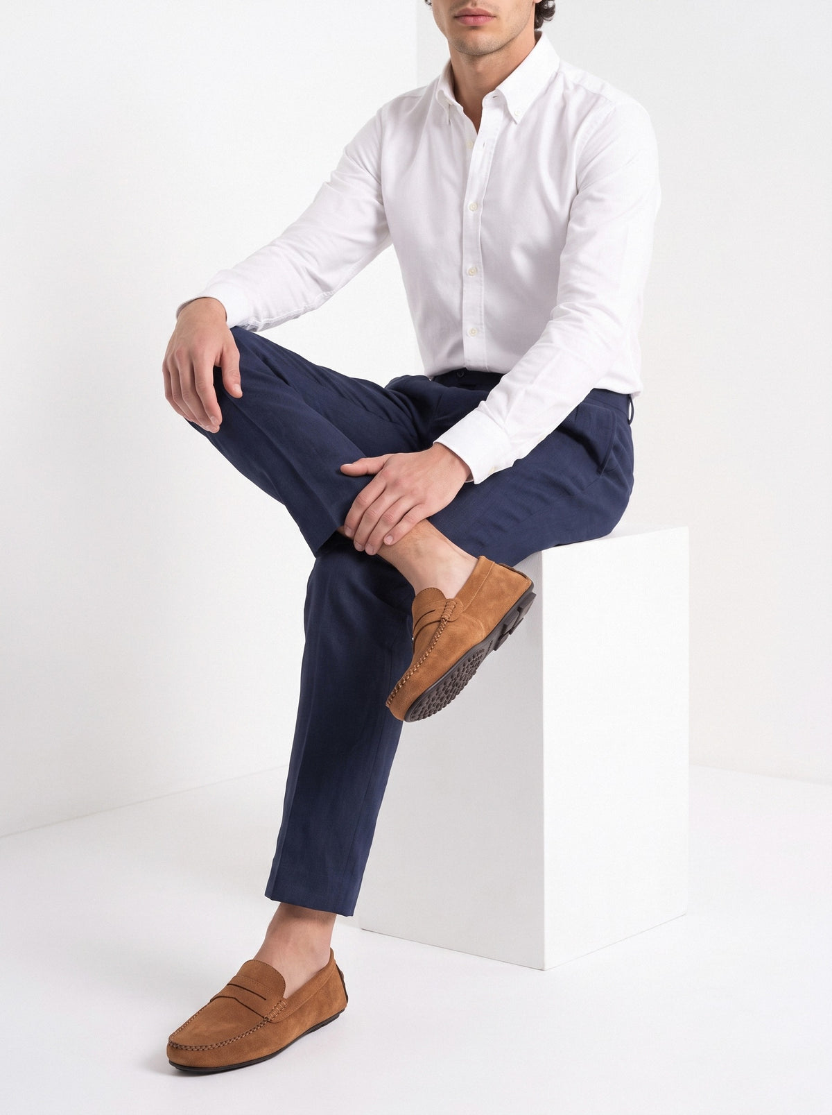 BLENIN men's suede-look driving loafers in tan, seated, side view