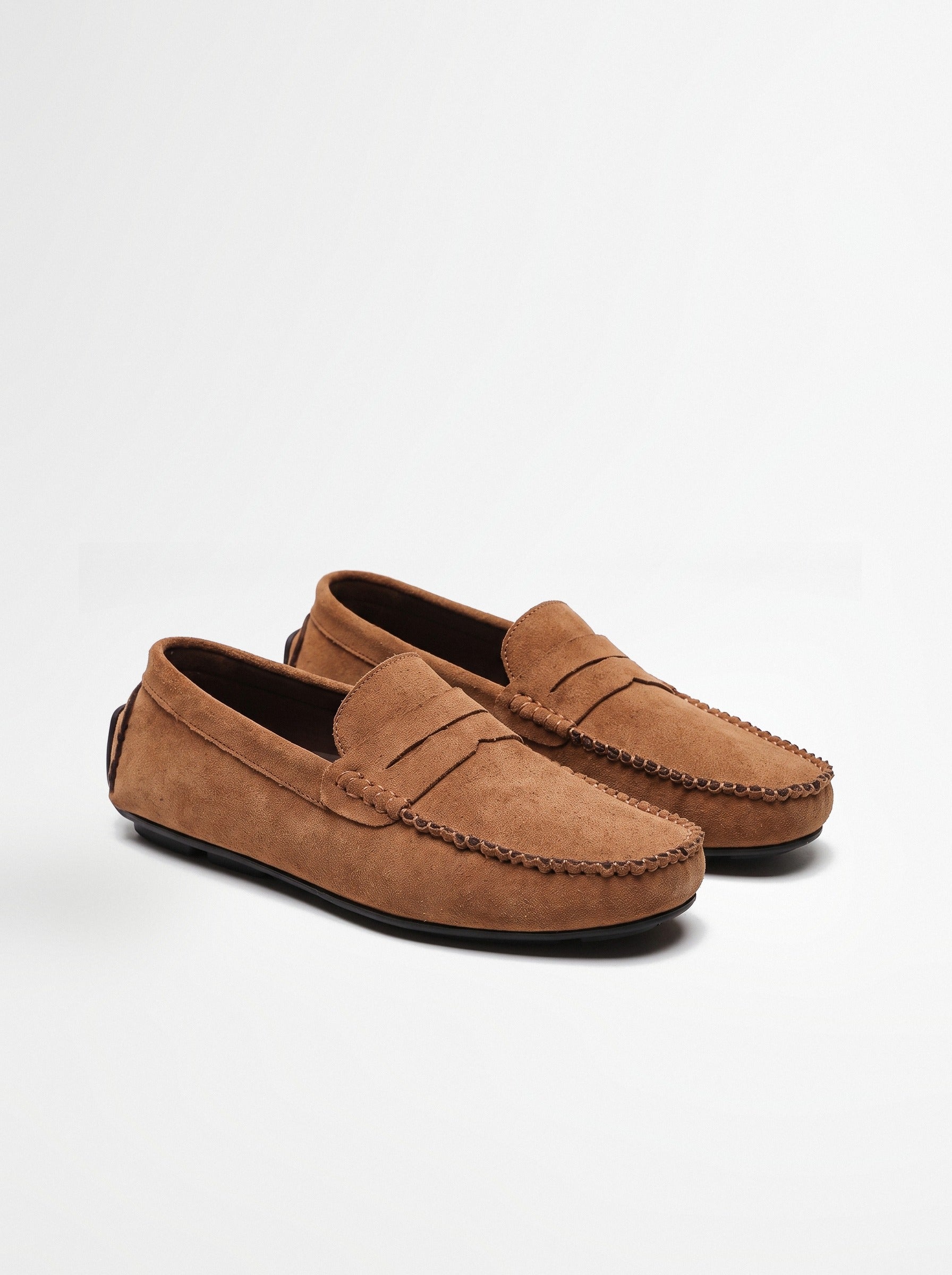 BLENIN men's suede-look driving loafers in camel, pair, three-quarter view