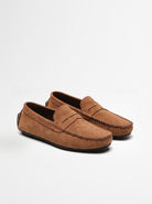 BLENIN men's suede-look driving loafers in camel, pair, three-quarter view