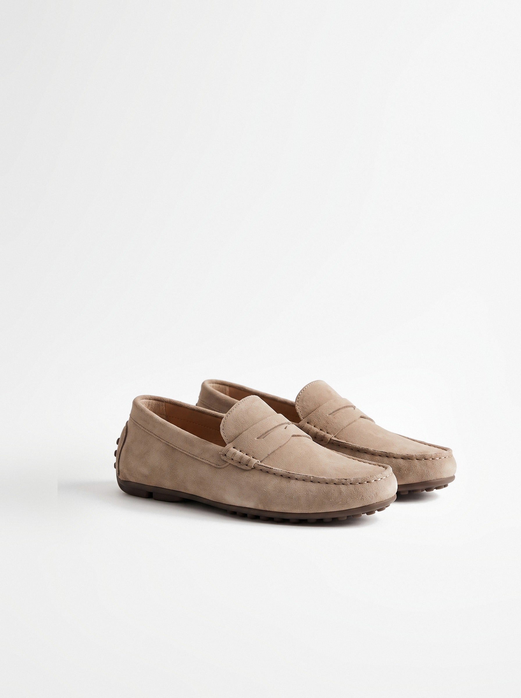 BLENIN men's suede-look driving loafers in sand, pair, three-quarter view