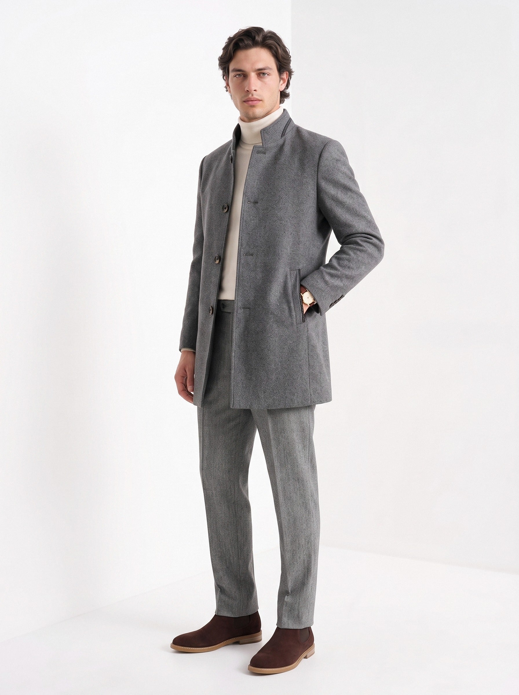 BLENIN men's stand collar wool blend coat in grey, full-length look