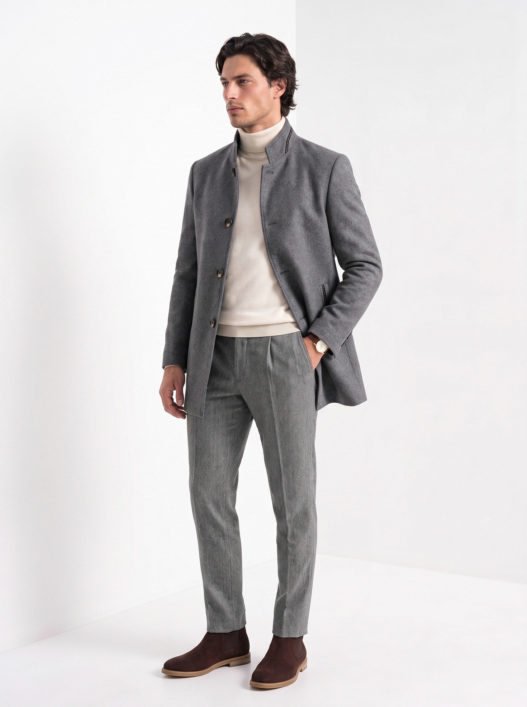 BLENIN men's stand collar wool blend coat in grey, three-quarter view