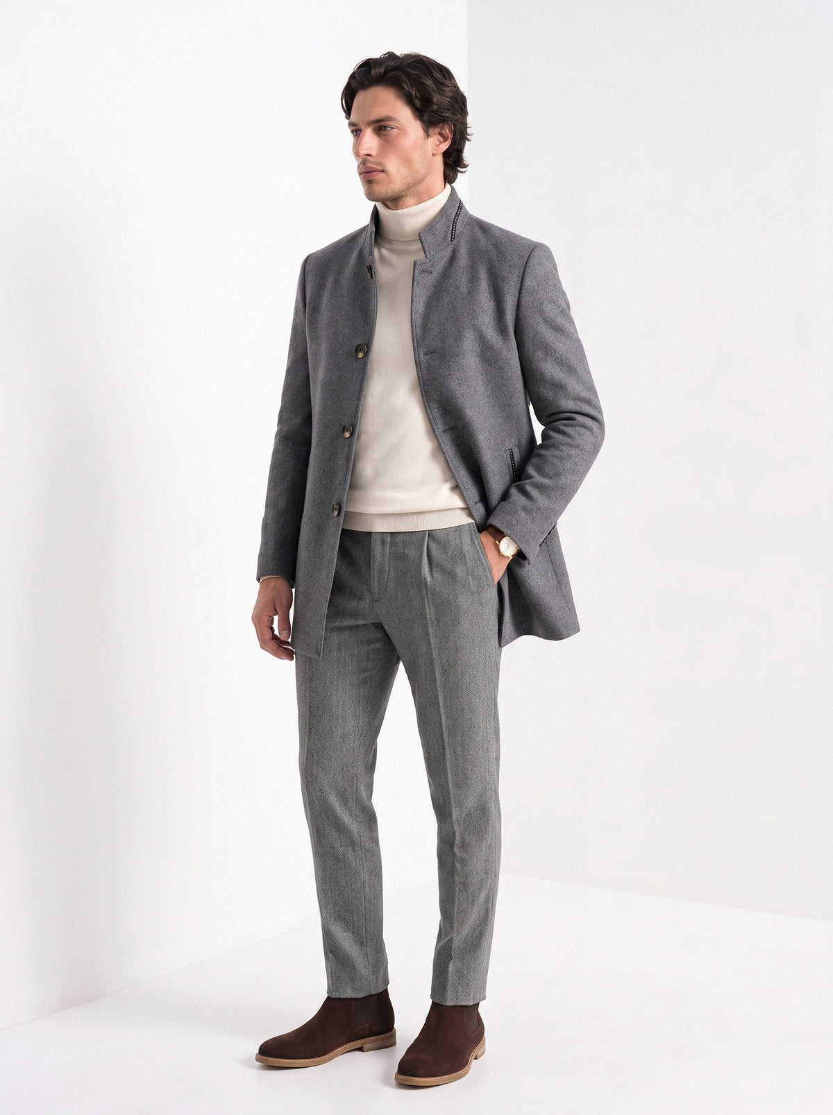 BLENIN men's stand collar wool blend coat in grey, three-quarter view