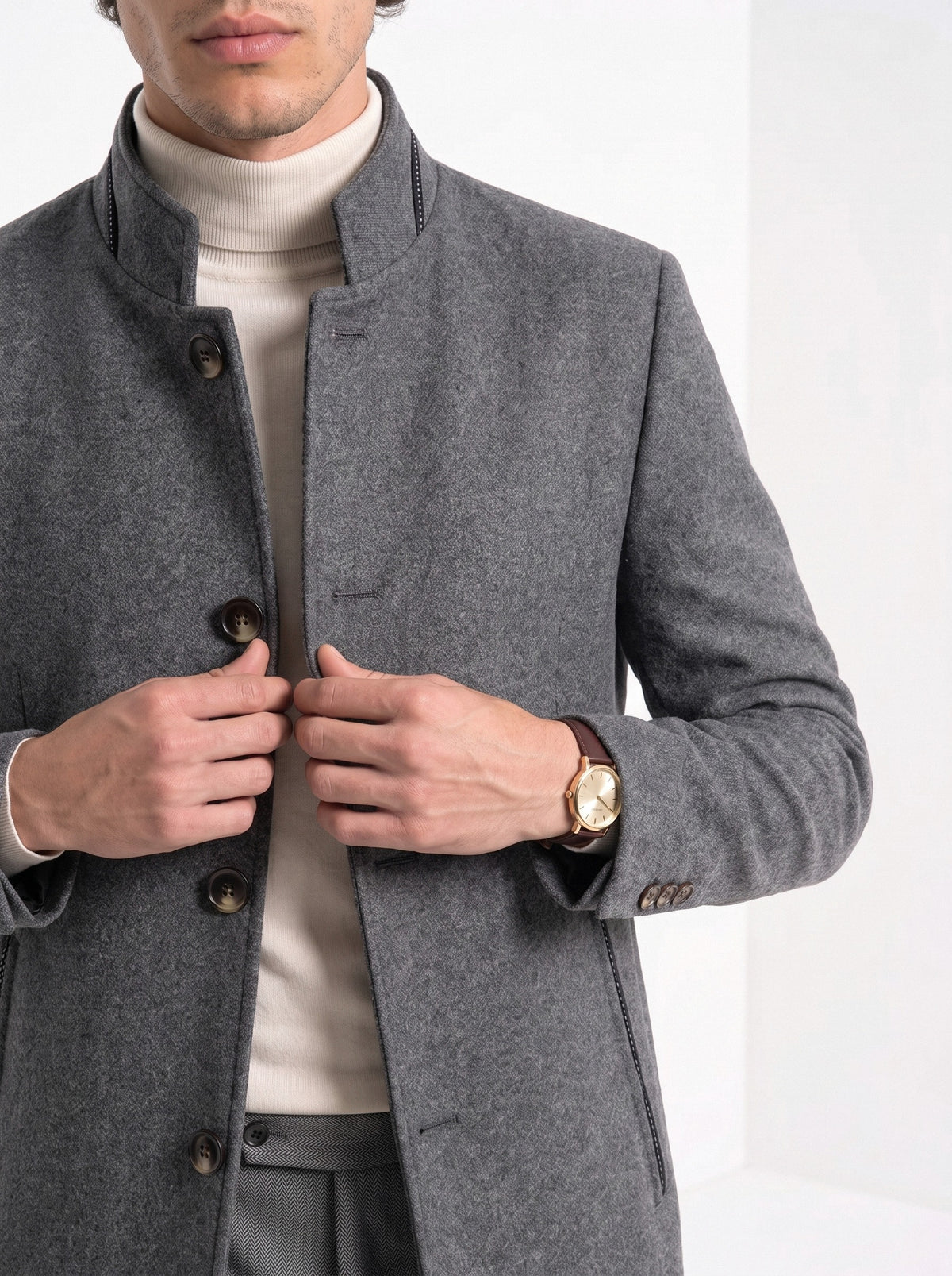 BLENIN men's stand collar wool blend coat in grey, close-up of the details