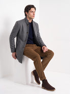 BLENIN men's stand collar wool blend coat in grey, seated, full outfit